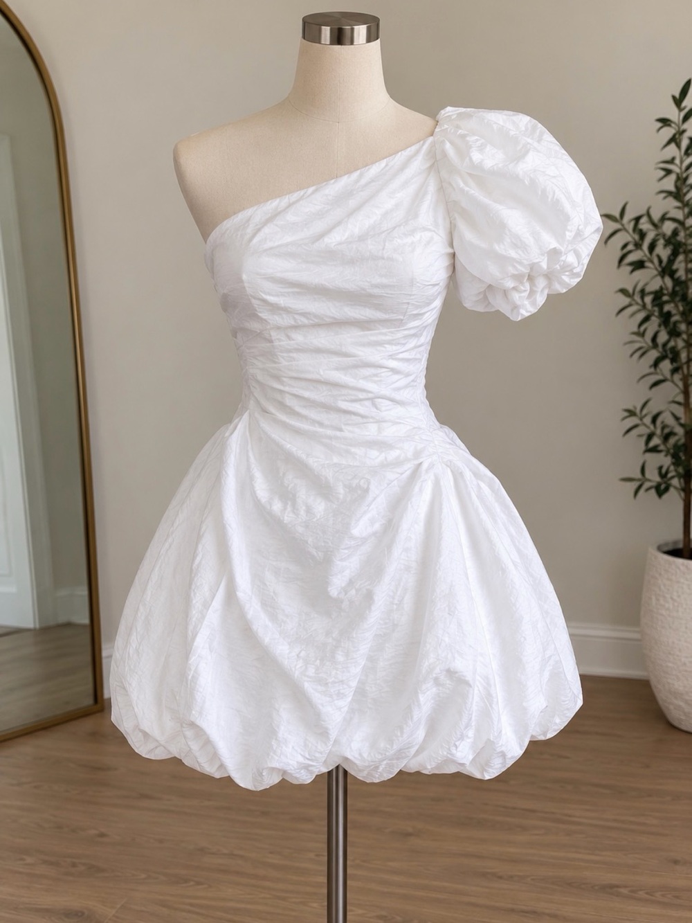 White House Black Market One-Shoulder White Puff-Sleeve Bubble Mini Dress